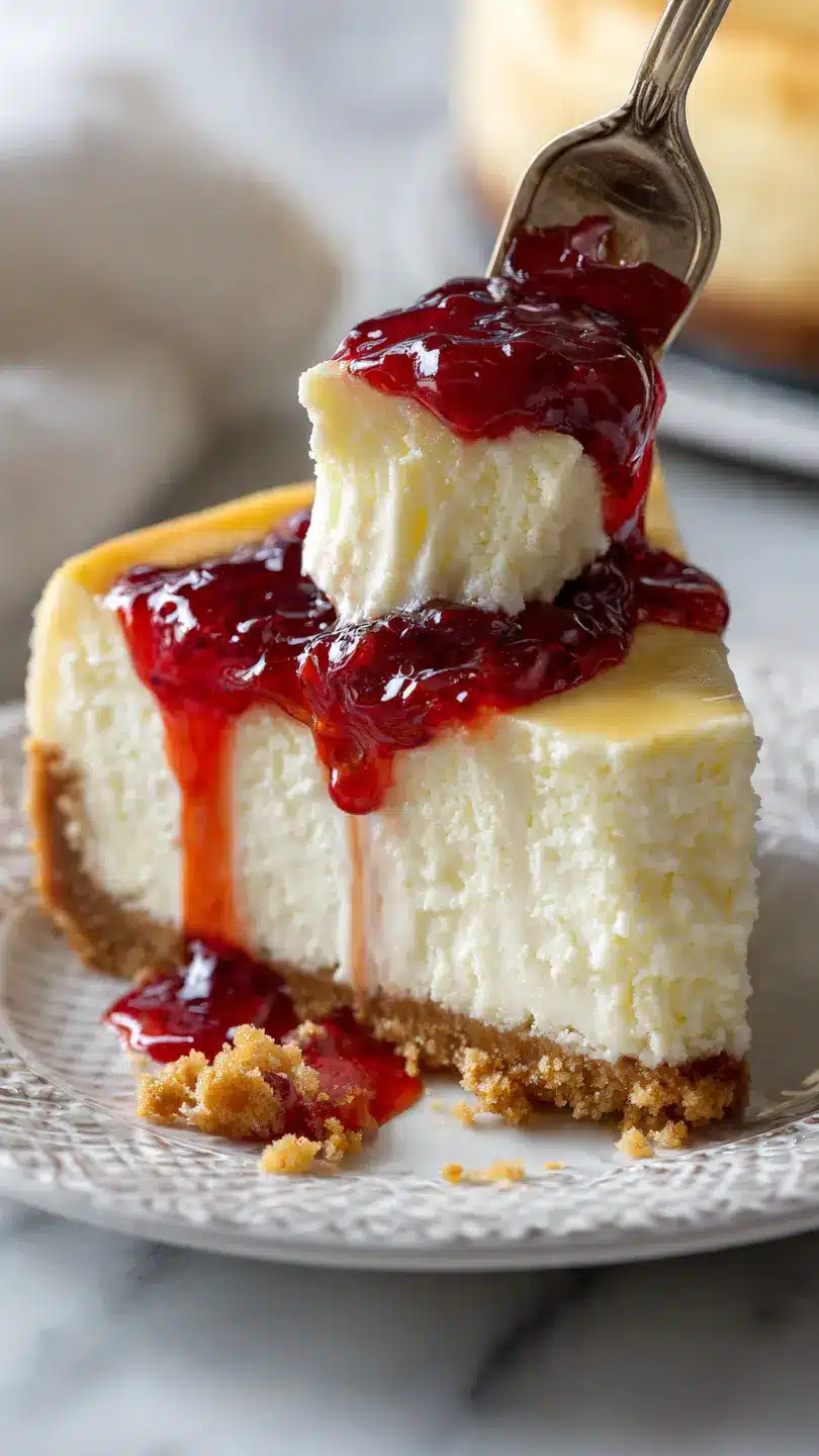 Ultra creamy cheesecake slice with smooth layers and caramel dripping over a crunchy crust