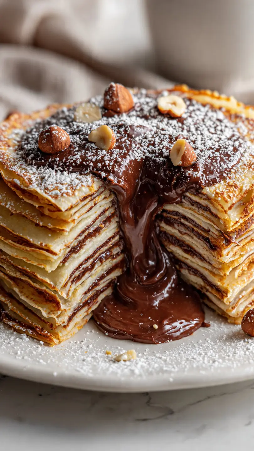chocolate crepe cake with nutella filling and molten chocolate center flowing out, layered crepes dessert close-up