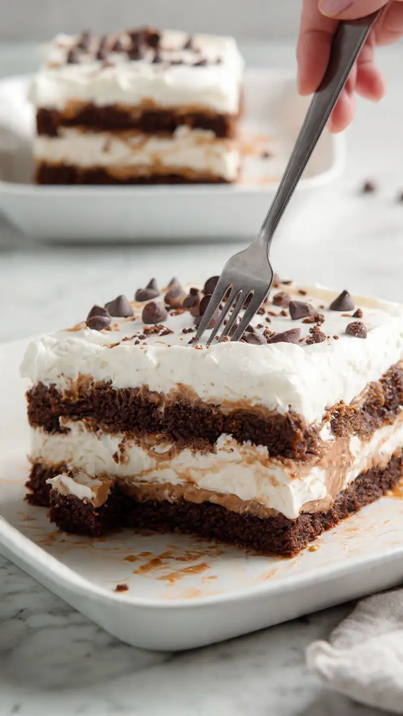 Fork cutting into chocolate peanut butter layered icebox cake slice