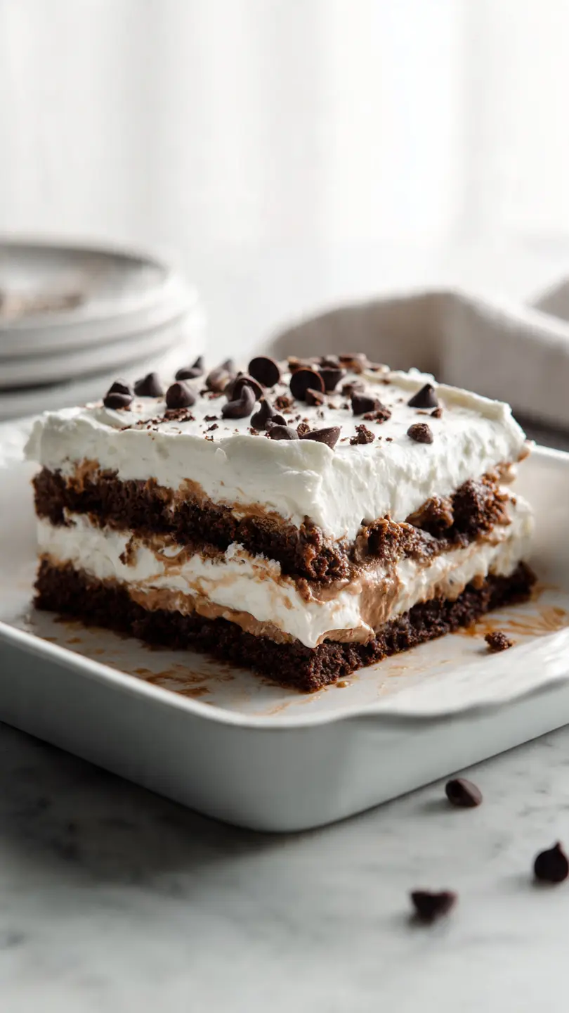 Close-up slice of chocolate peanut butter icebox cake with creamy layers
