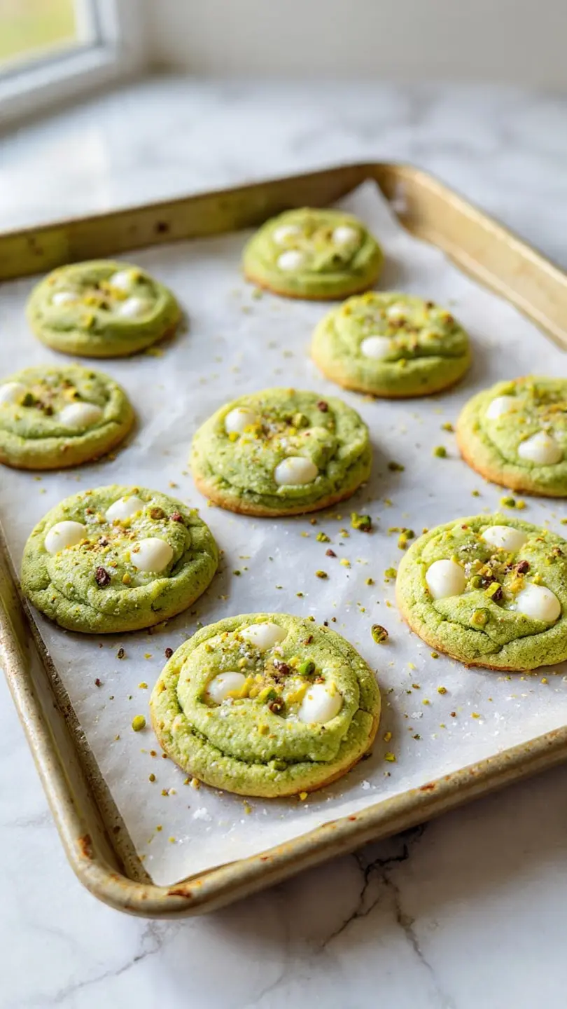 Freshly baked pistachio cookies with white chocolate chips on baking tray
