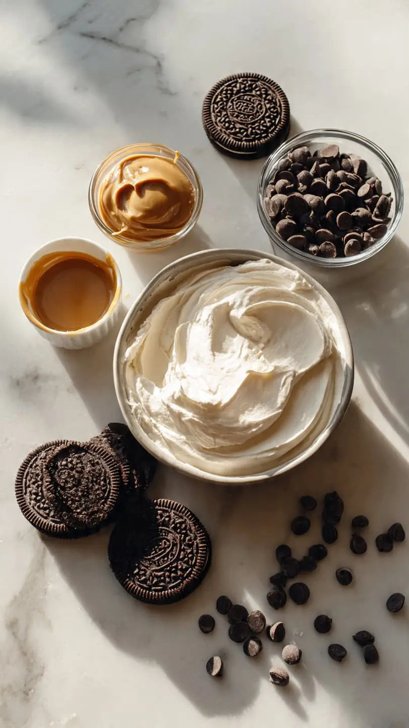 Ingredients for chocolate peanut butter icebox cake on marble counter