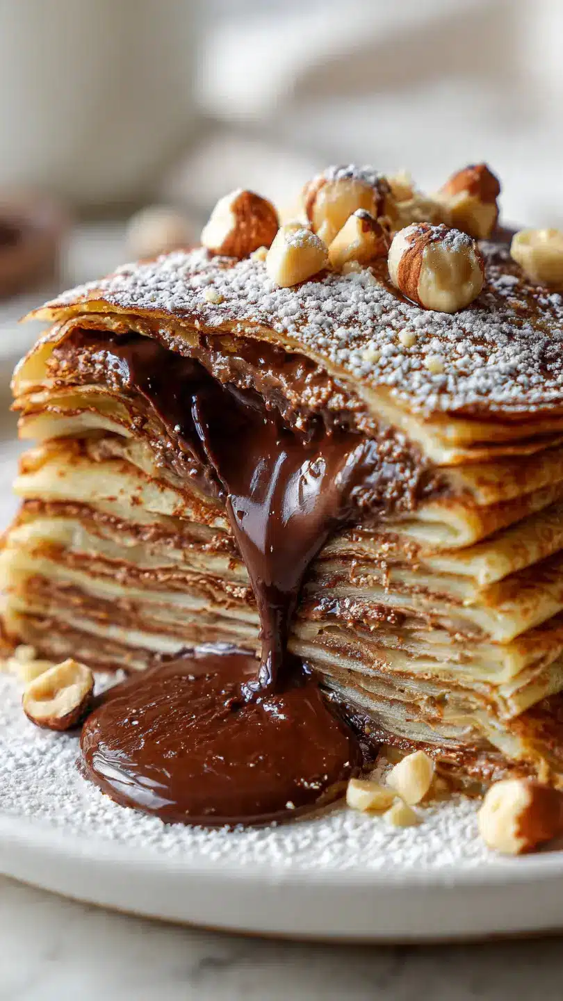nutella crepe cake slice with melted chocolate lava center, soft layered crepes with hazelnut spread close-up