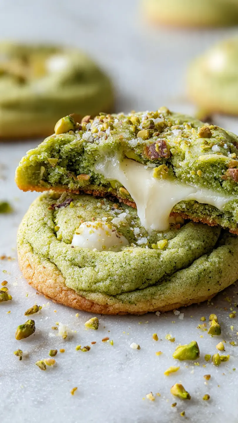 Pistachio white chocolate stuffed cookie with gooey melted center and crushed pistachios