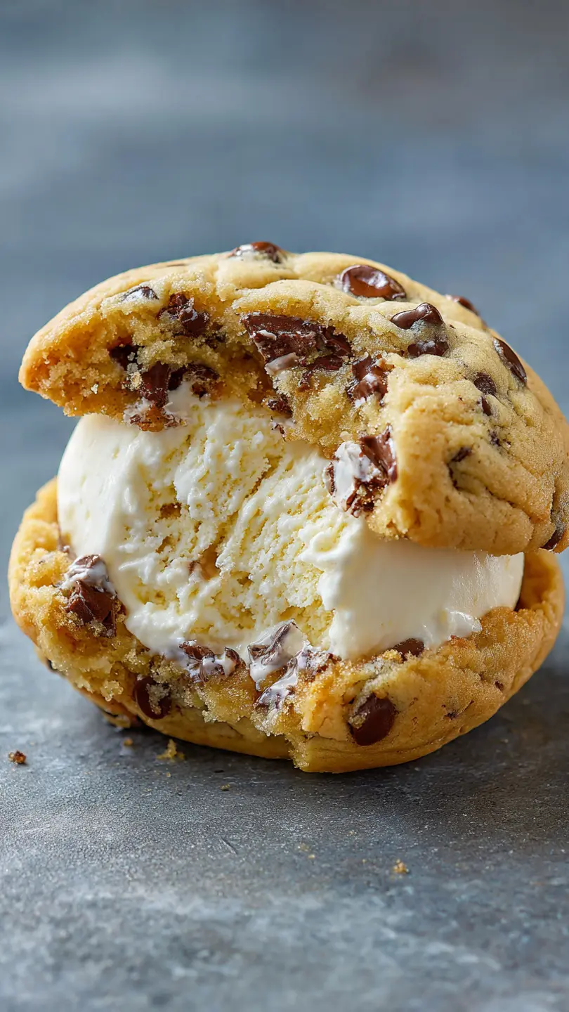 Ice cream stuffed chocolate chip cookie bomb with melting vanilla center, warm soft cookie and gooey chocolate chips close-up