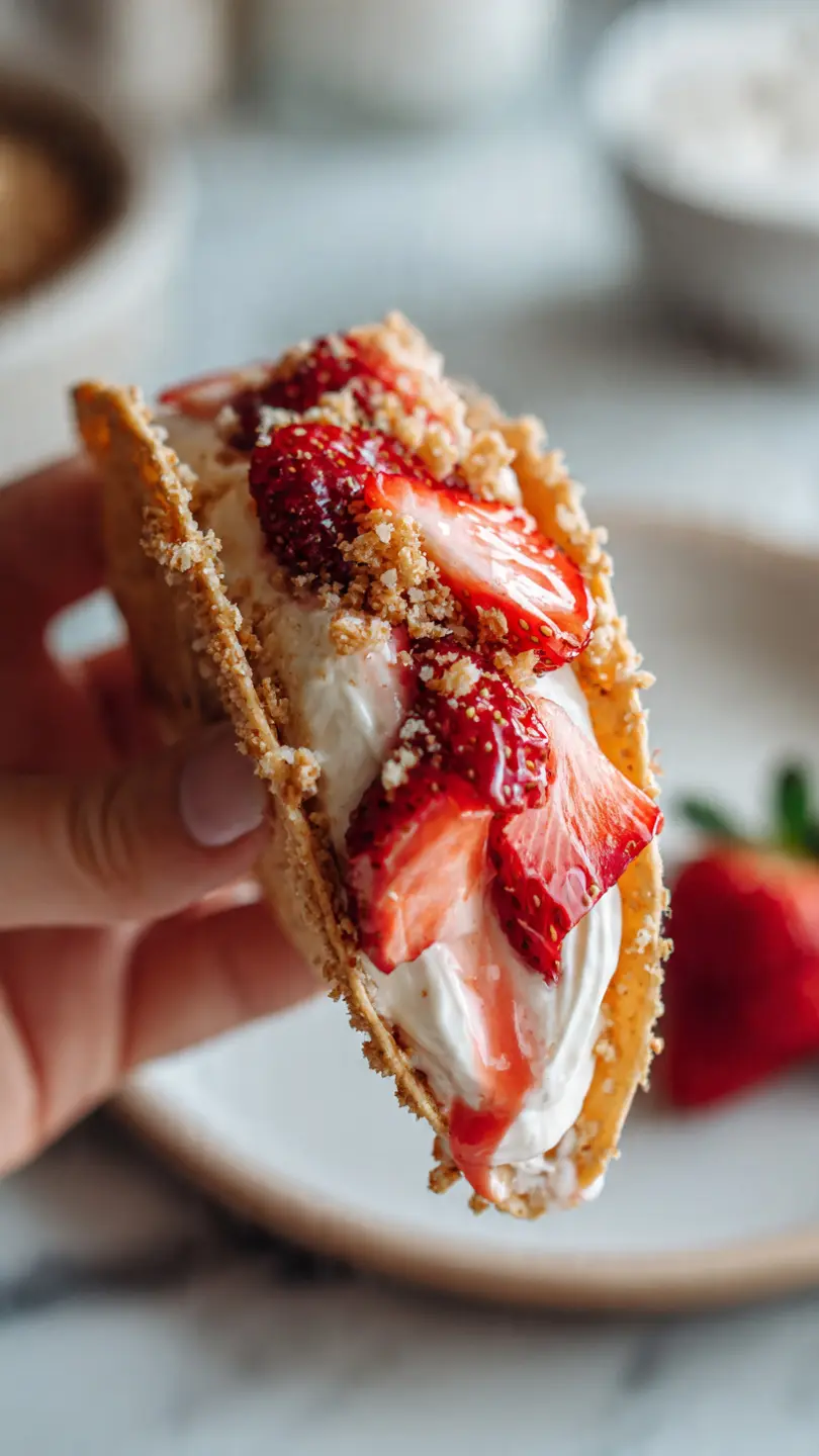 Strawberry crunch cheesecake taco held in hand with creamy filling and fresh strawberries