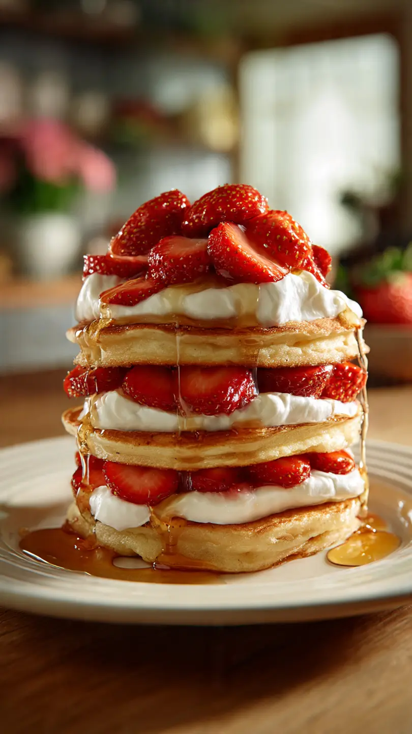 a-high-pancake-tower-layered-with-strawberries-and fluffy pancake stack layered with whipped cream and fresh strawberries topped with syrup drizzle