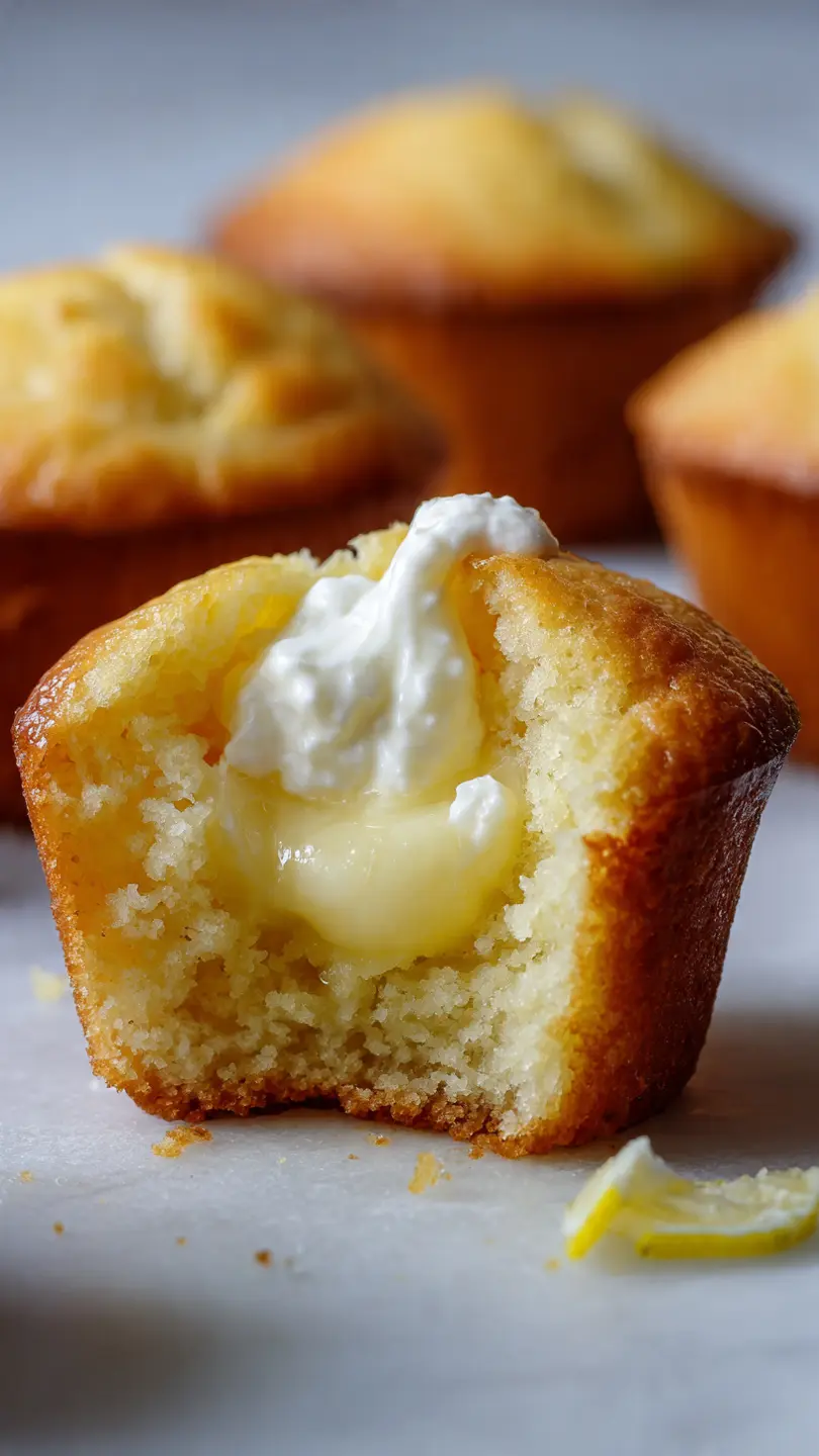 Lemon cream stuffed muffin top broken open showing a soft fluffy texture and gooey lemon cream filling inside