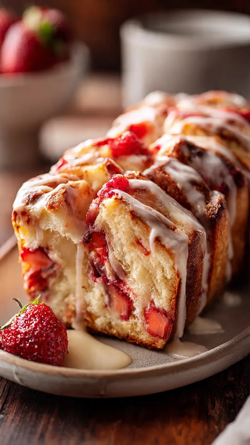 Strawberry cheesecake pull apart bread slice with soft texture and creamy glaze