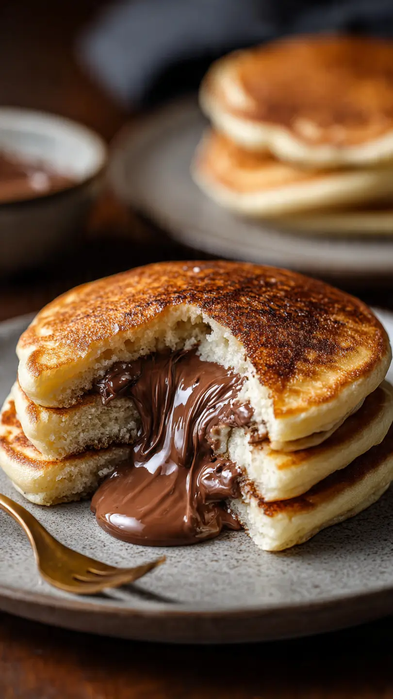 Fluffy Chocolate Lava Pancakes Stacked fluffy pancakes filled with melted chocolate, cut open to reveal creamy flowing center