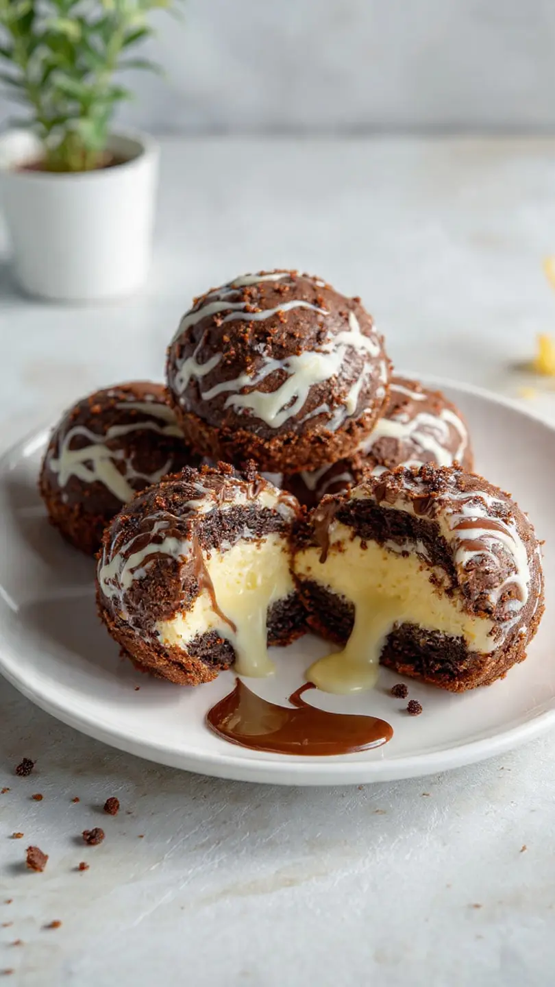 Brookie cheesecake stuffed bombs with melted creamy center and chocolate drizzle