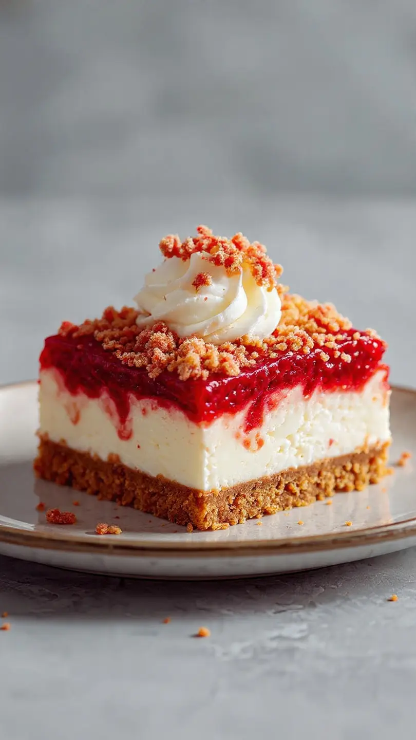Strawberry crunch cheesecake bar with creamy layers and crunchy cookie crust