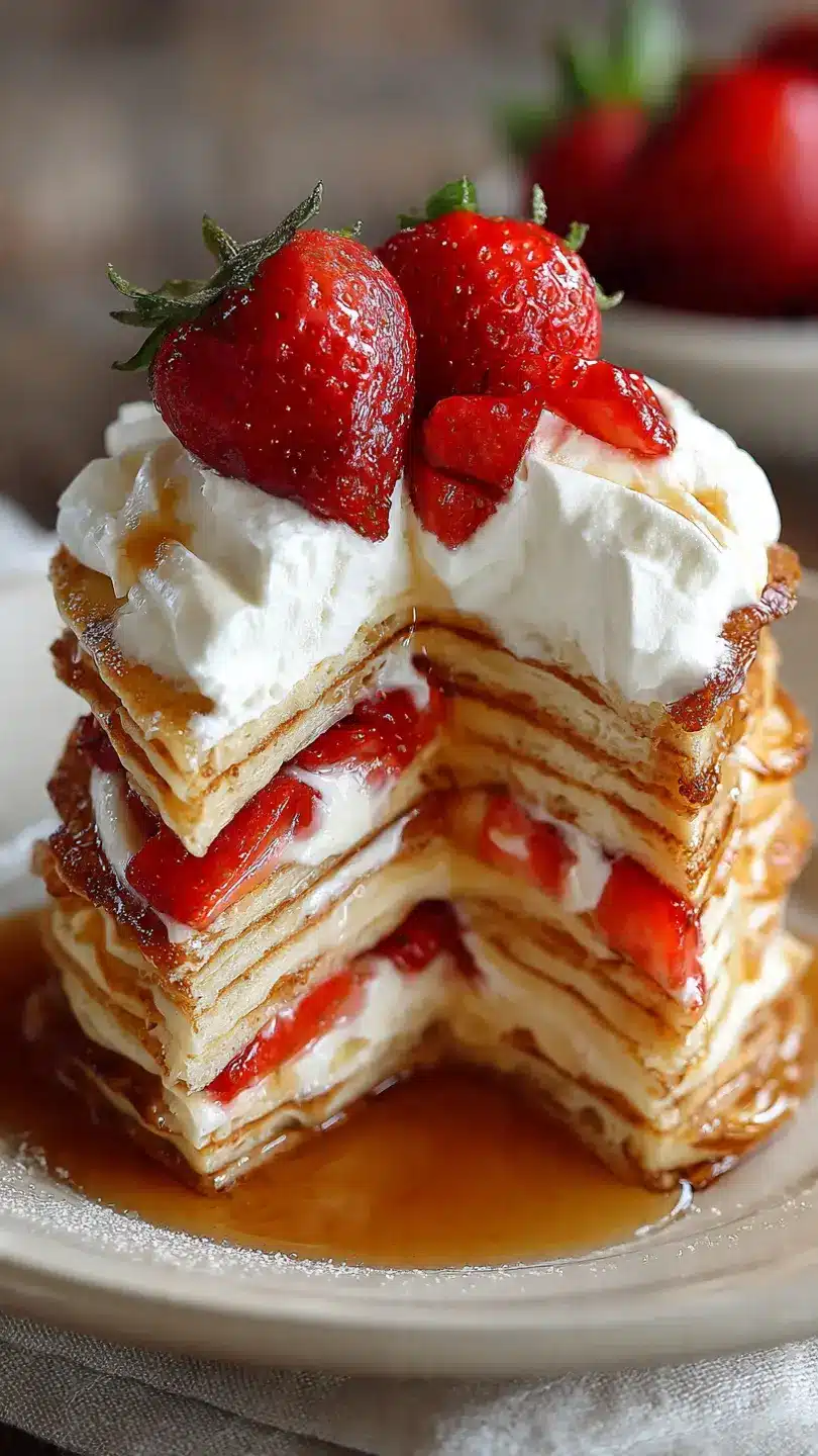 cut pancake stack showing layers of cream and strawberries with syrup flowing out