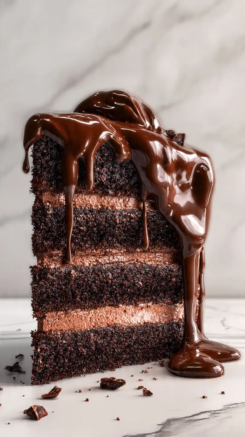 Triple chocolate fudge cake slice with rich layers and glossy melted chocolate drip