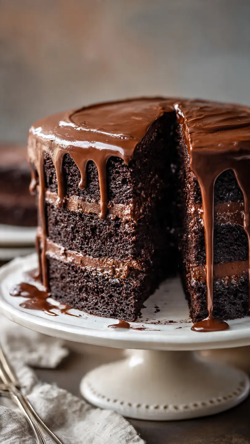 Triple chocolate layer cake with soft crumb and thick chocolate ganache dripping