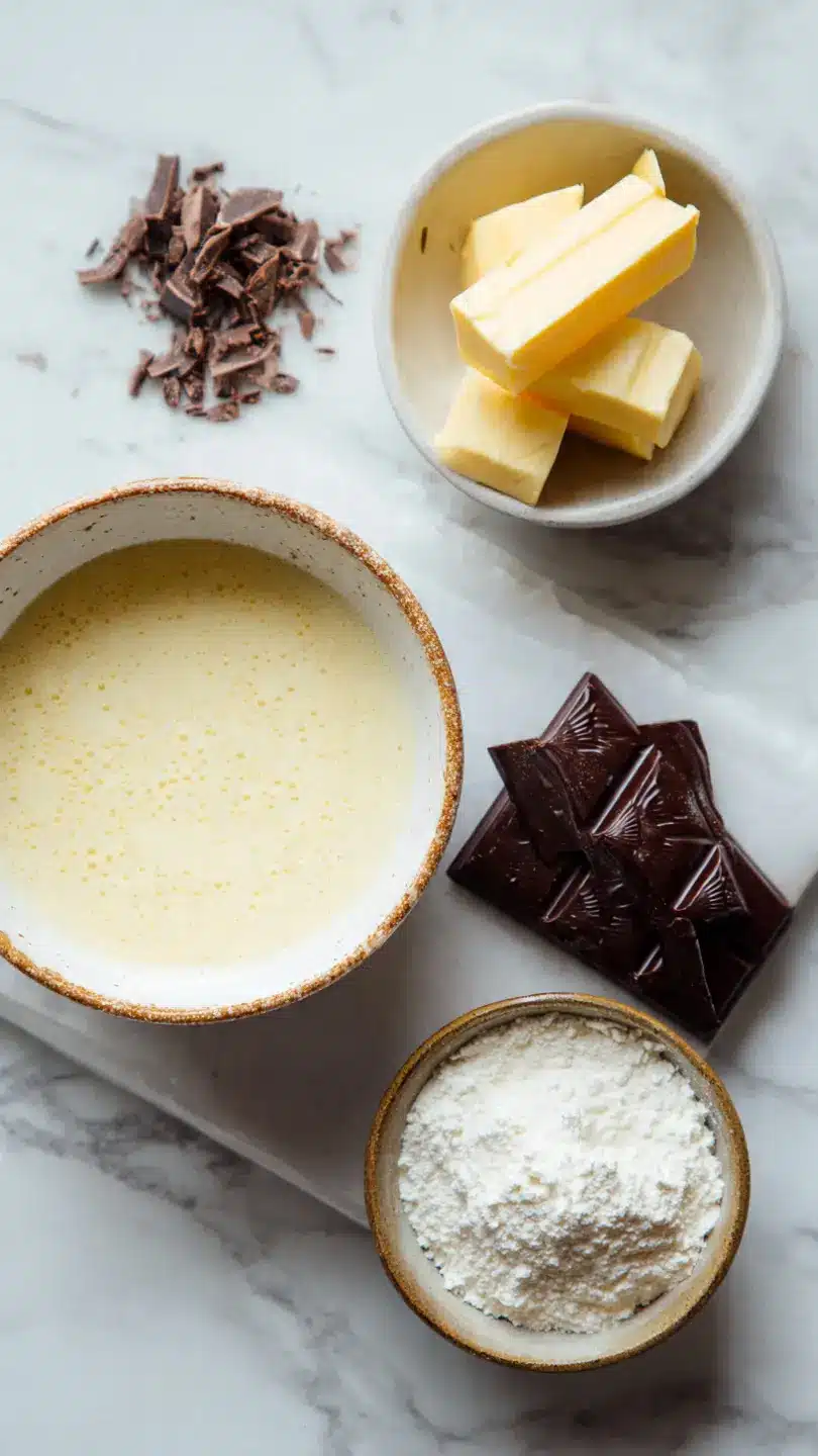Pancake Ingredients for Chocolate Filled Recipe Top view of pancake ingredients including flour, butter, chocolate and batter on white marble surface