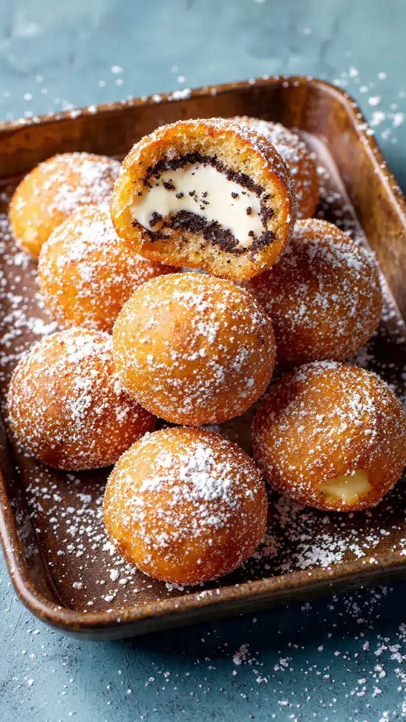 deep fried oreo cheesecake balls with creamy filling inside and powdered sugar on top