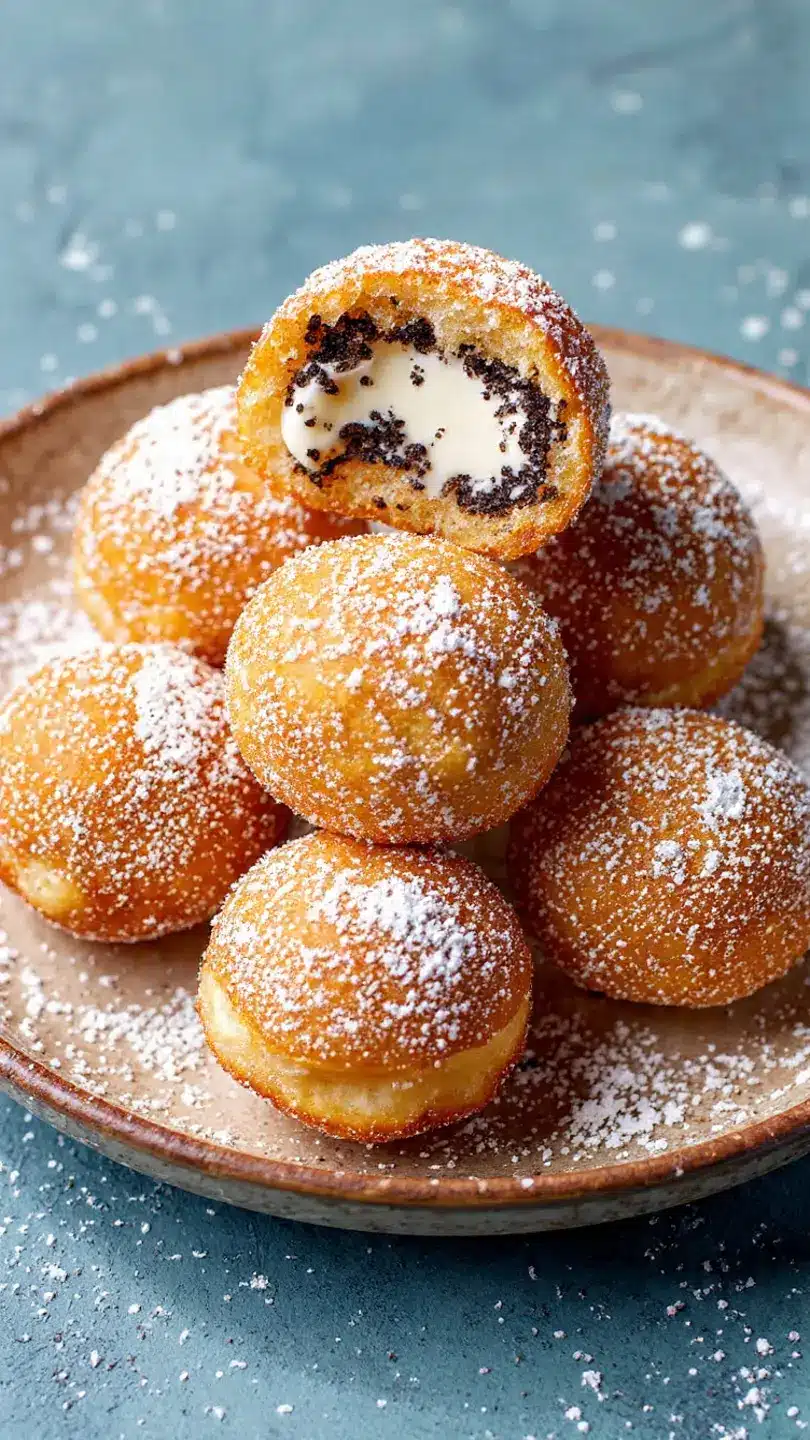 stacked fried oreo cheesecake balls with creamy center and powdered sugar topping