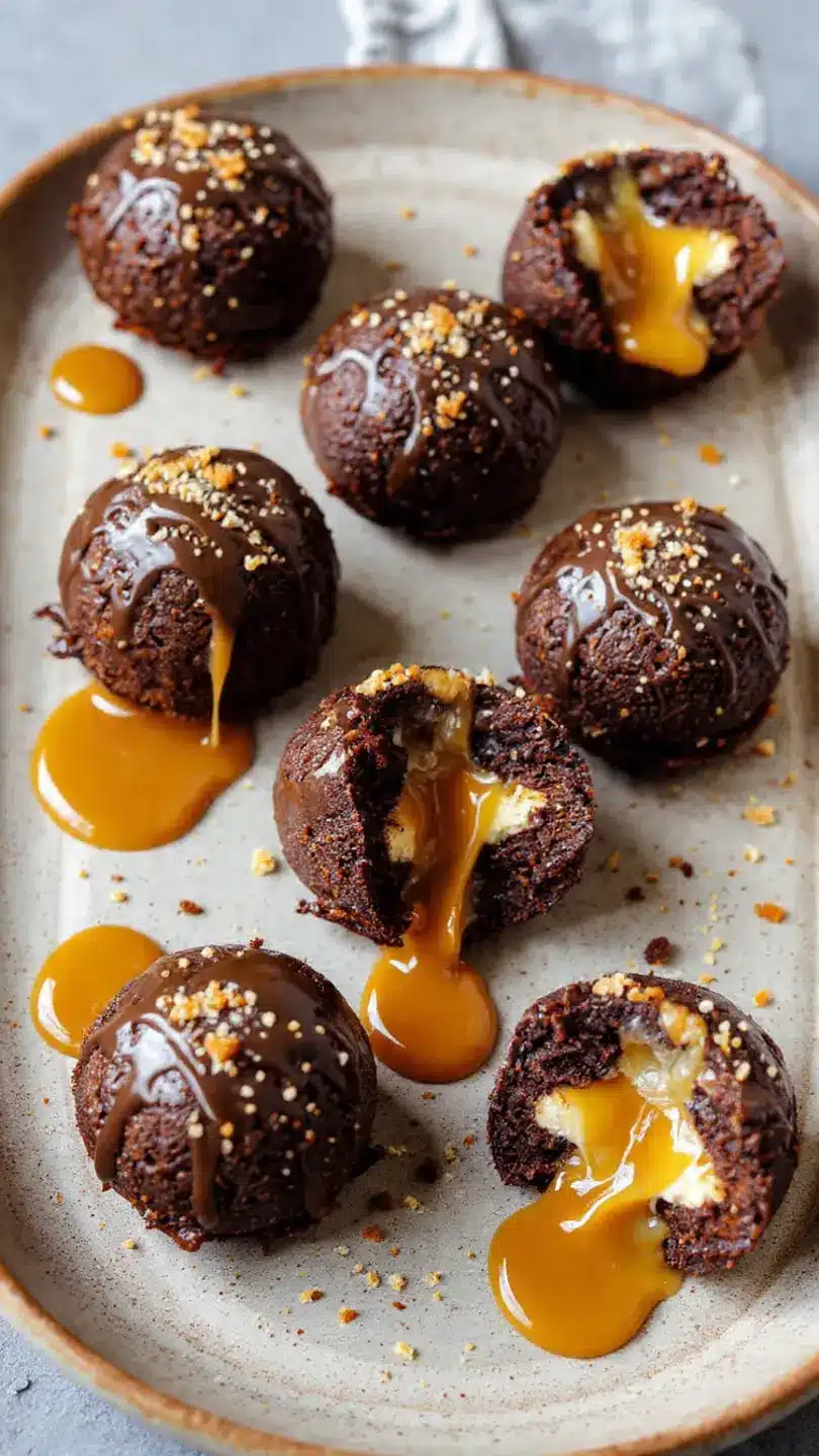 caramel-buttercream-brownie-bombs-gooey-lava-center. chocolate brownie bombs with gooey caramel lava center and buttercream filling on a plate with chocolate drizzle