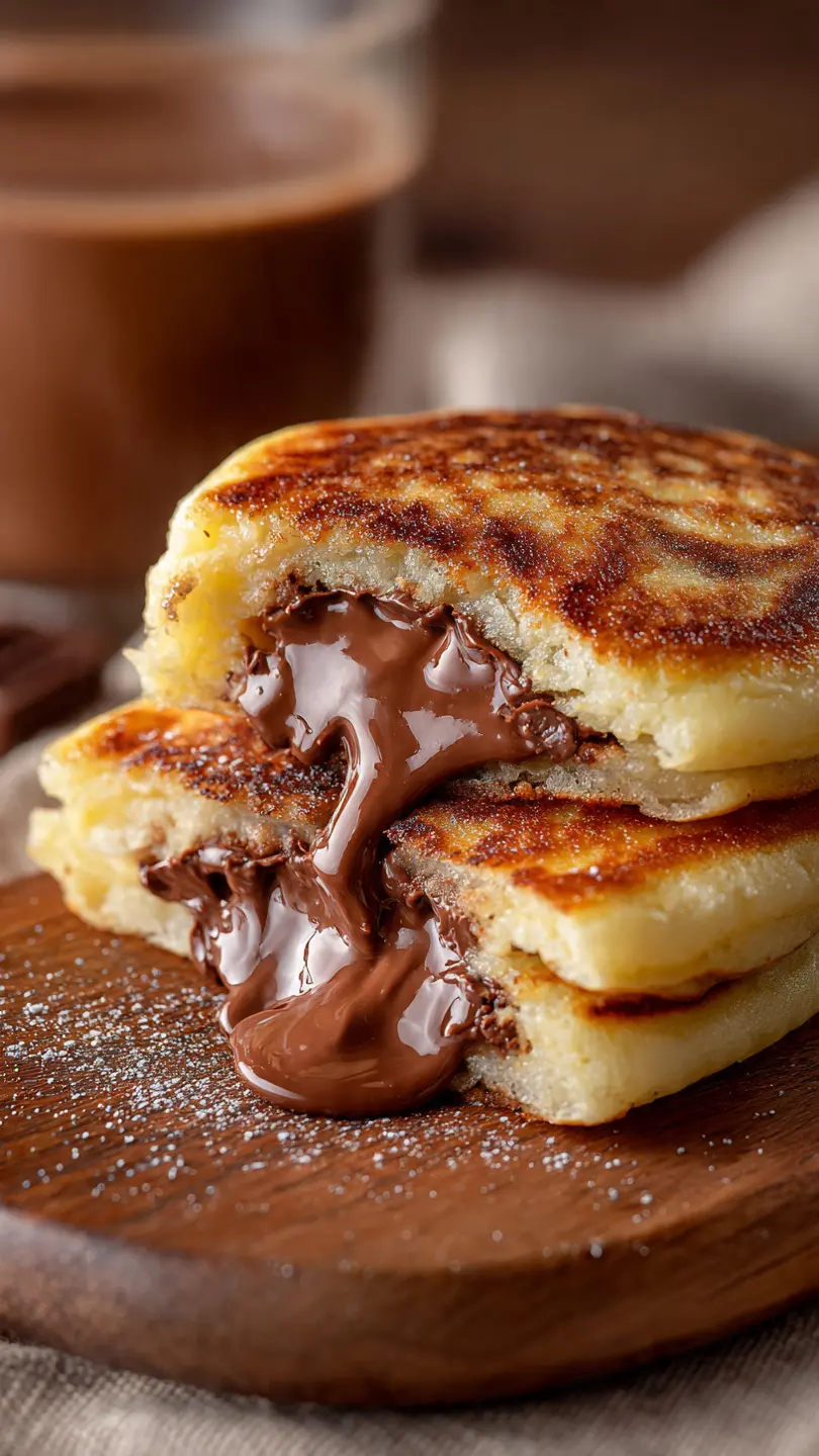 Chocolate stuffed pancake cut open with gooey melted center, soft fluffy texture and rich molten chocolate filling