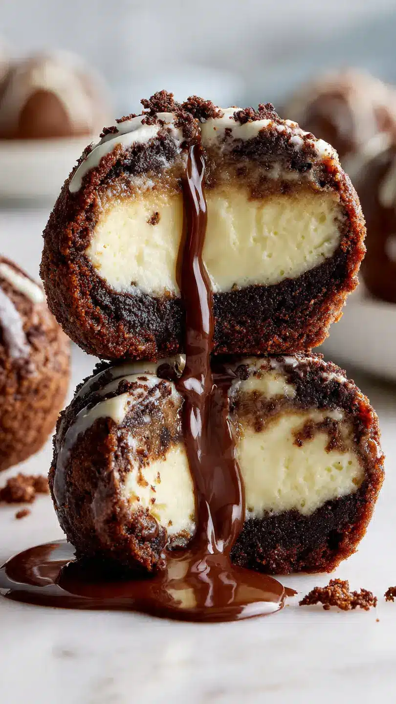 Stacked brookie cheesecake bombs with chocolate sauce dripping over creamy center