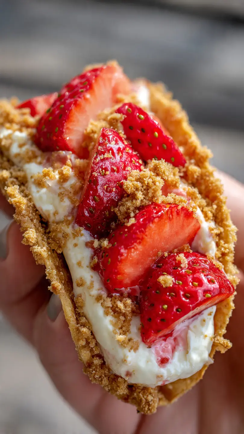 Close-up of strawberry cheesecake taco showing creamy texture and cookie crumble topping