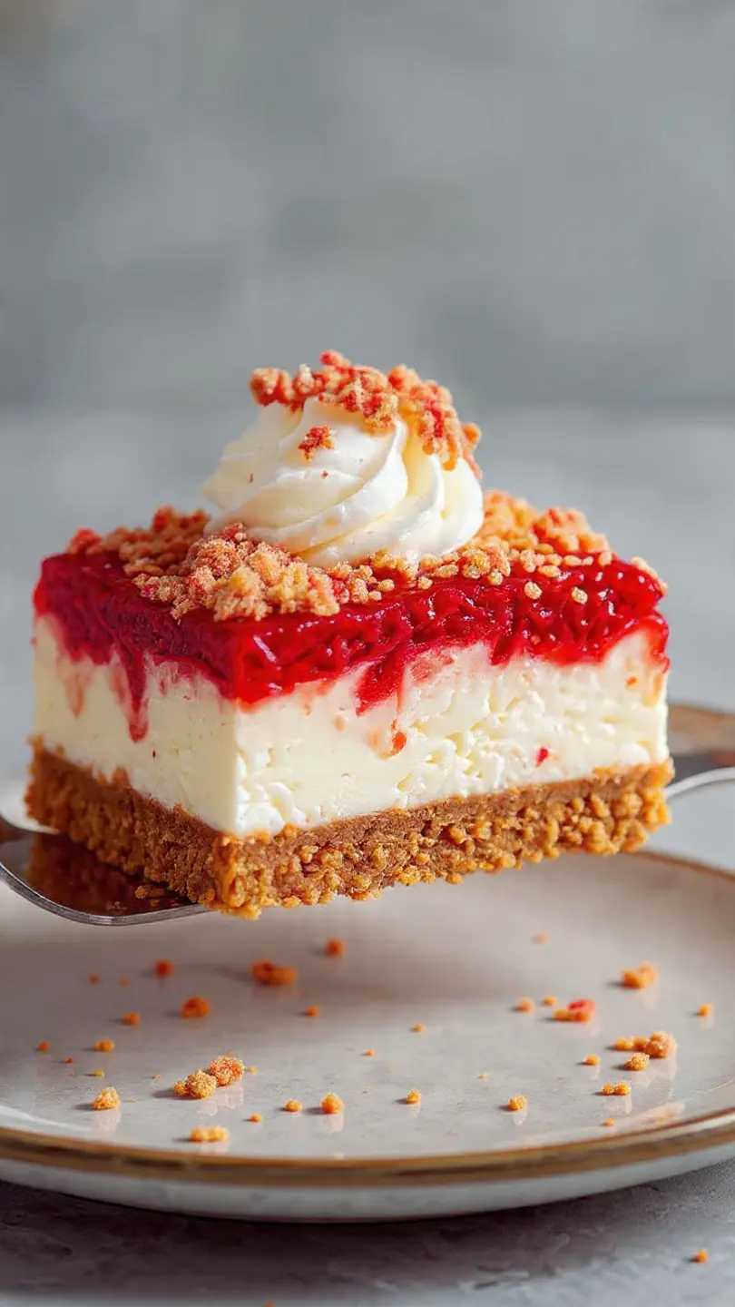 Strawberry crunch cheesecake bar lifted showing creamy texture and layered crust