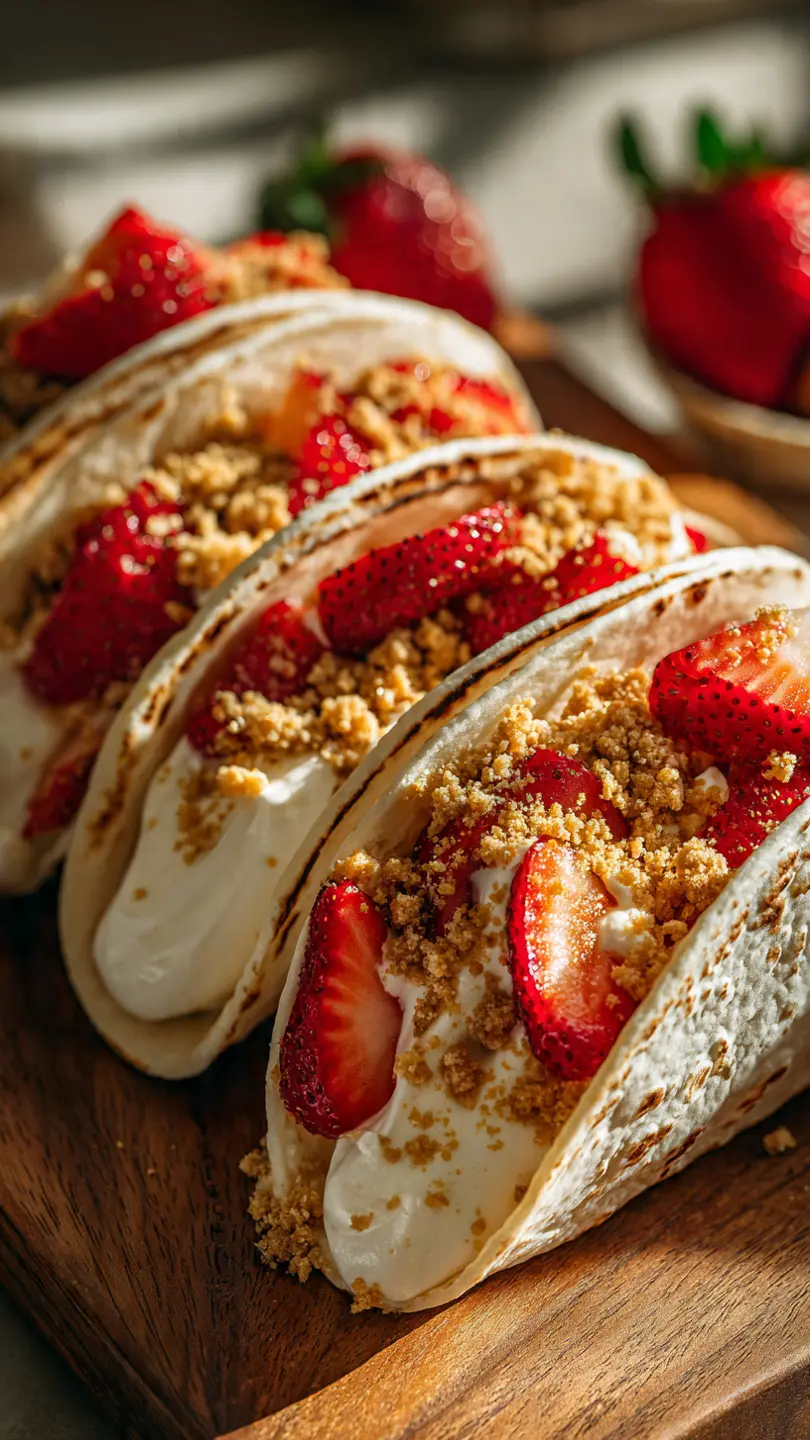 Strawberry crunch cheesecake tacos served on wooden board with fresh strawberries