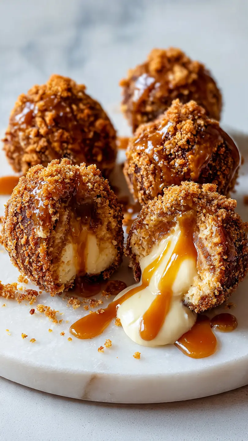 caramel banana cheesecake crunch bombs with creamy filling and caramel drizzle, crispy coating dessert balls close-up