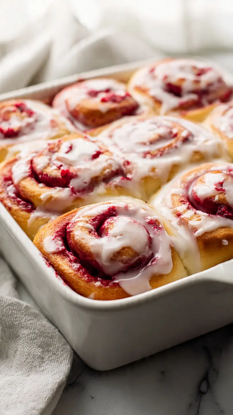 Freshly baked raspberry cream cheese sweet rolls in a white baking dish, topped with vanilla glaze on a white marble countertop
