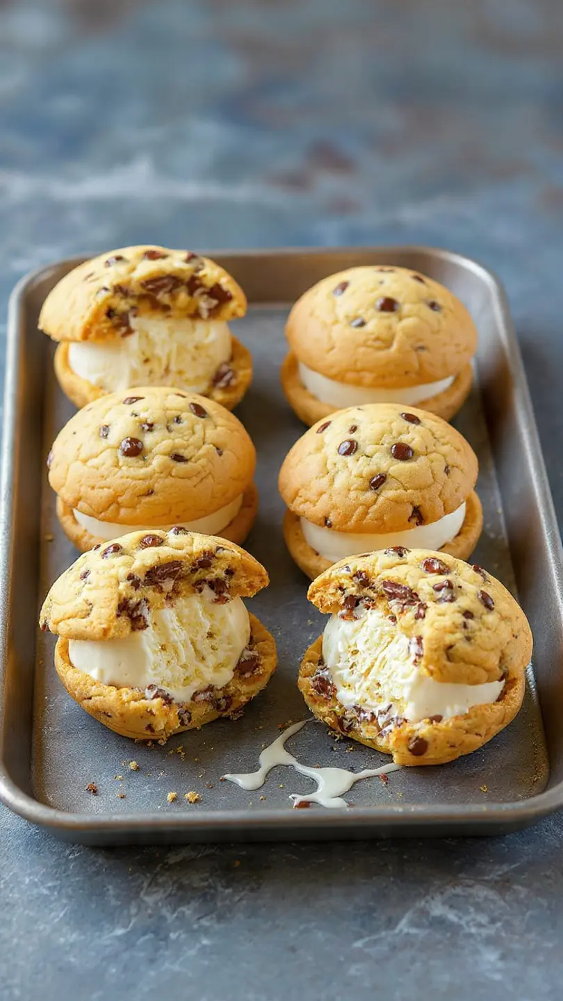 ice-cream-coBatch of Ice Cream Cookie Bombs – Easy Stuffed Cookie Dessertokie-bombs-tray-batch Tray of chocolate chip cookie bombs stuffed with vanilla ice cream, soft baked cookies with creamy frozen centers
