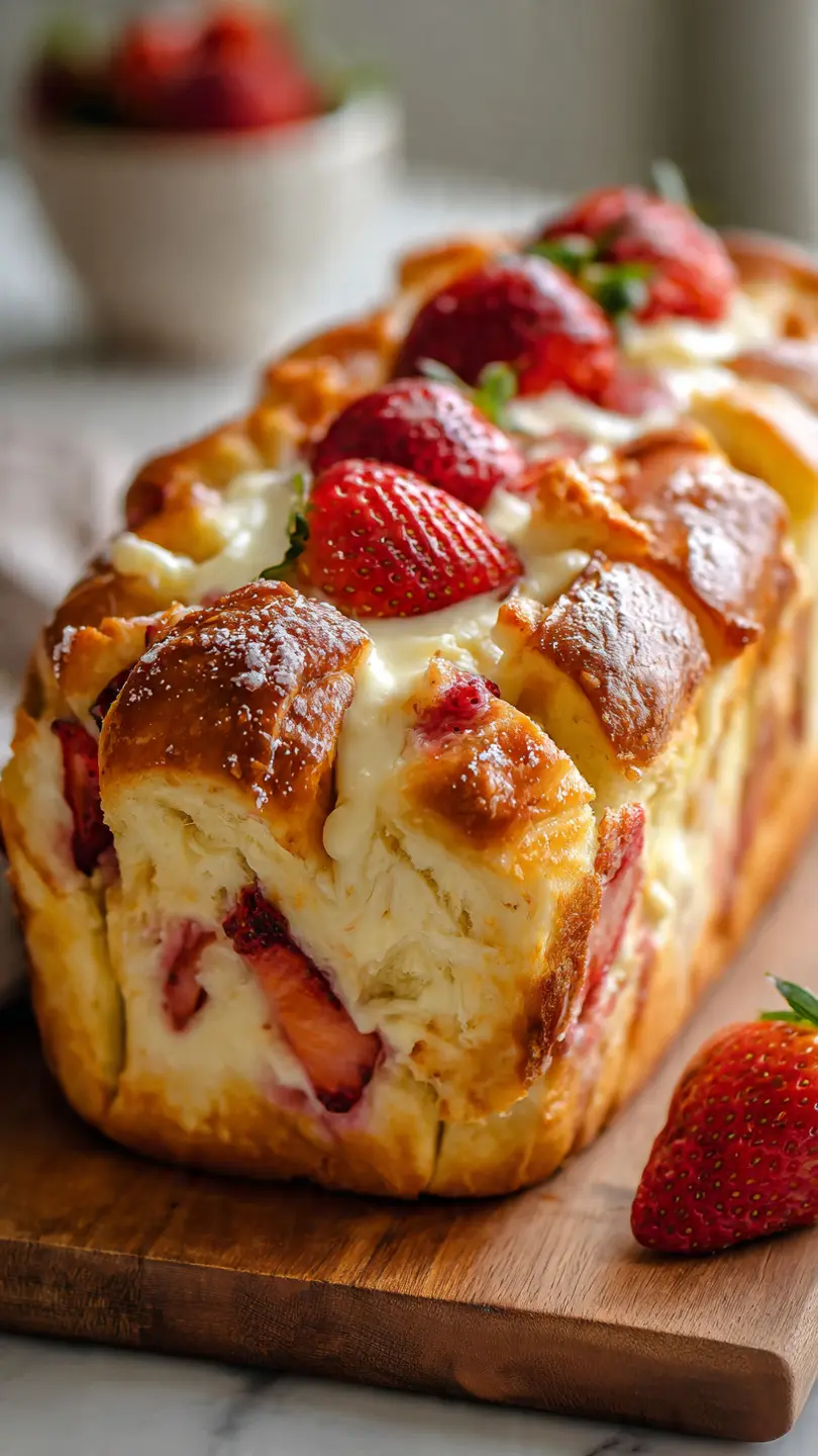 Strawberry cheesecake pull apart bread loaf with golden crust and creamy filling