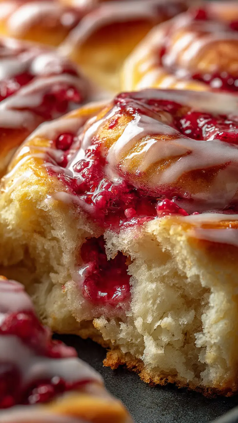 Close-up of raspberry cream cheese sweet roll with gooey center and vanilla glaze dripping over soft fluffy dough