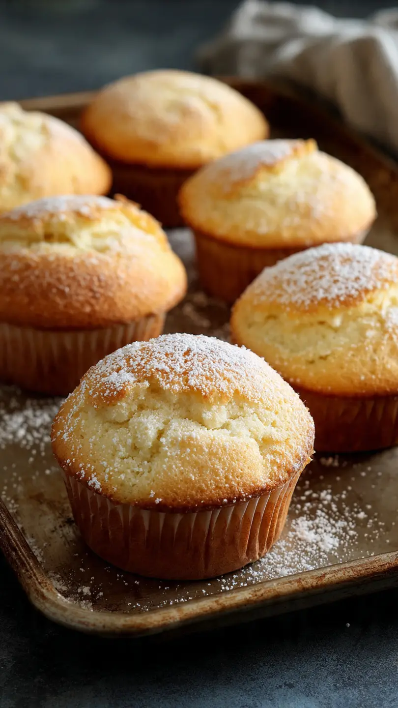 Fresh Lemon Muffin Tops with Powdered Sugar Freshly baked lemon cream stuffed muffin tops on a tray dusted with powdered sugar golden and fluffy