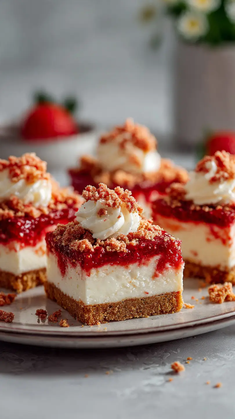Strawberry crunch cheesecake bars served on plate with crumb topping
