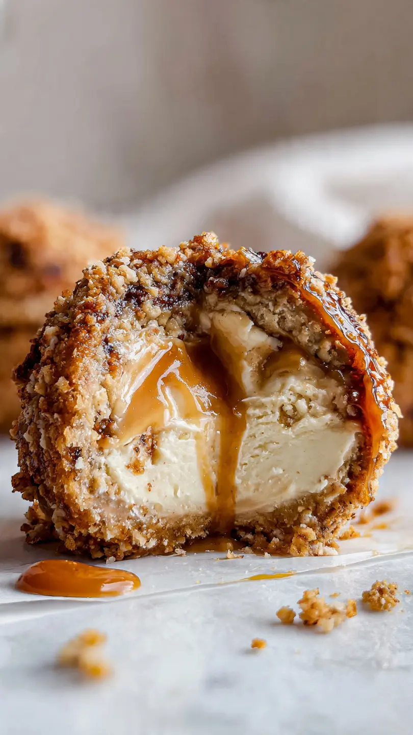caramel banana cheesecake crunch bomb cut open with creamy cheesecake filling and caramel flowing out, crispy texture macro