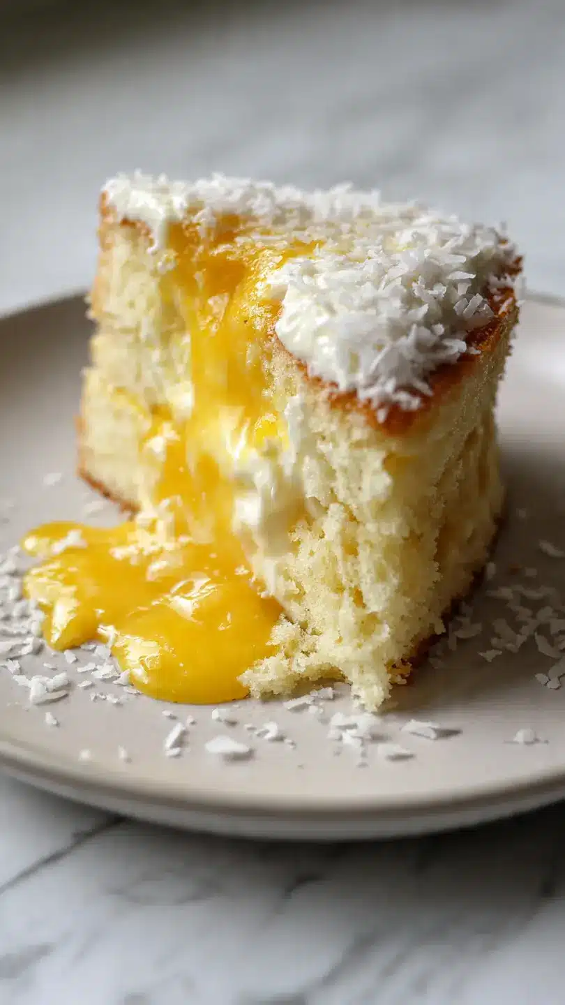mango coconut lava sponge cake slice with creamy mango filling flowing out, soft fluffy texture, coconut topping close-up