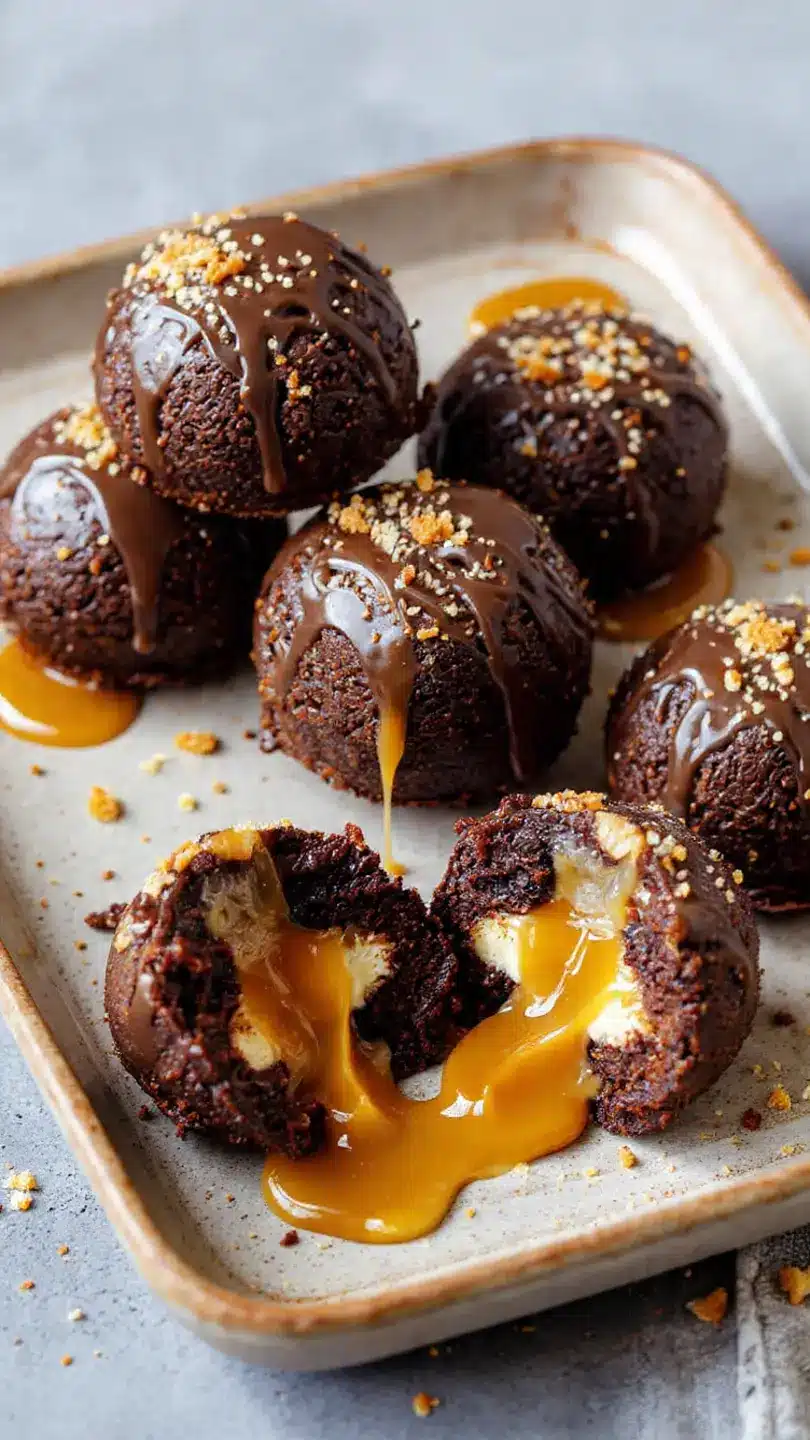 stacked chocolate brownie bombs with caramel lava center and creamy buttercream filling dripping out