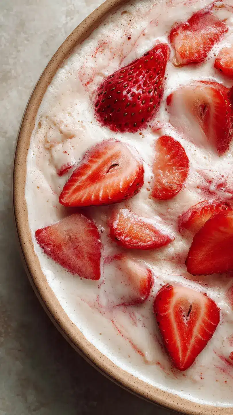 Strawberry Milk Cake with Fresh Cream and Strawberries Close-up of strawberry milk cake topped with fresh strawberries and creamy milk mixture