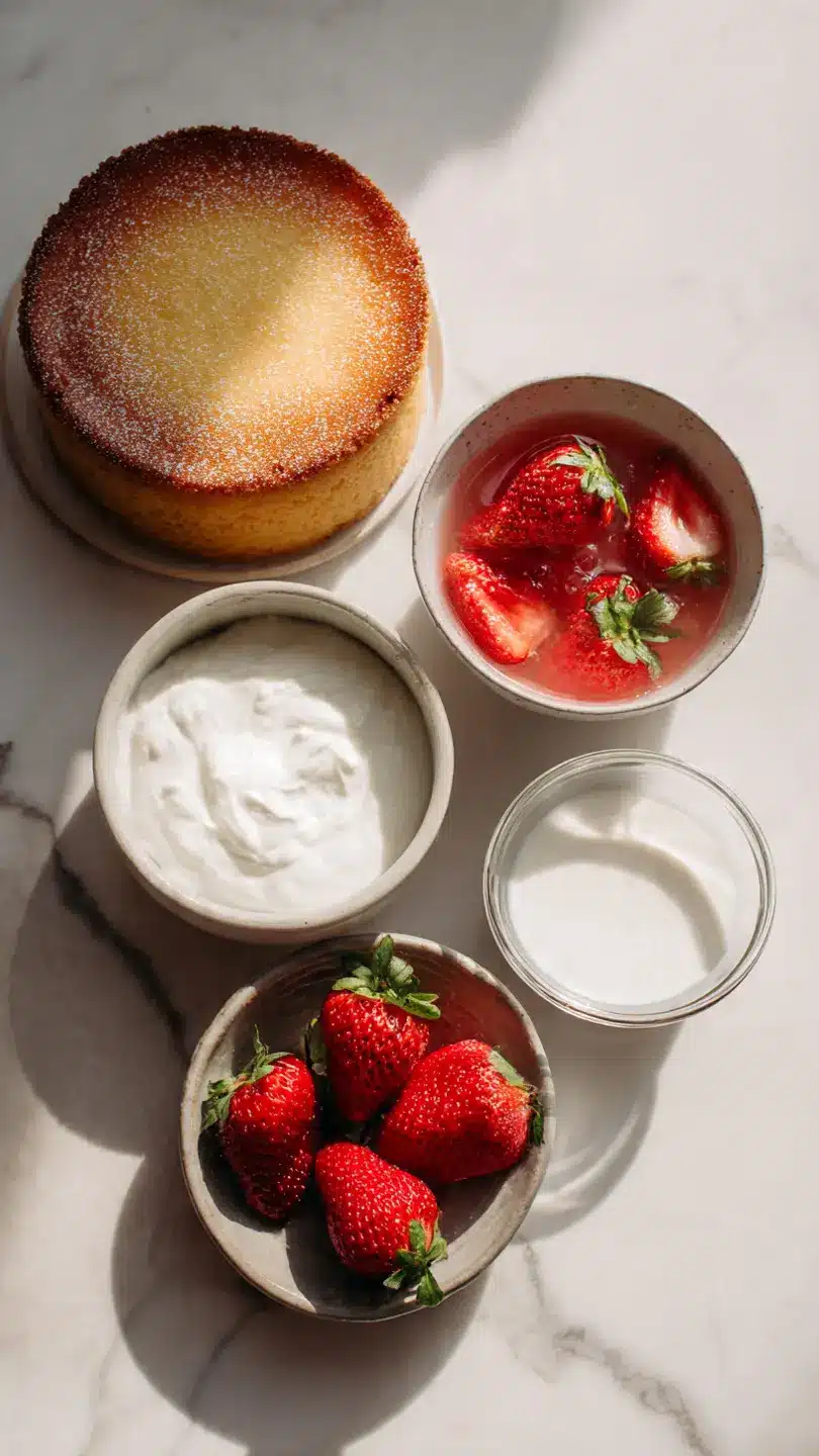 Strawberry Milk Cake Ingredients – Simple Homemade Recipe Top view of ingredients for strawberry milk cake including fresh strawberries, cream, milk and sponge cake