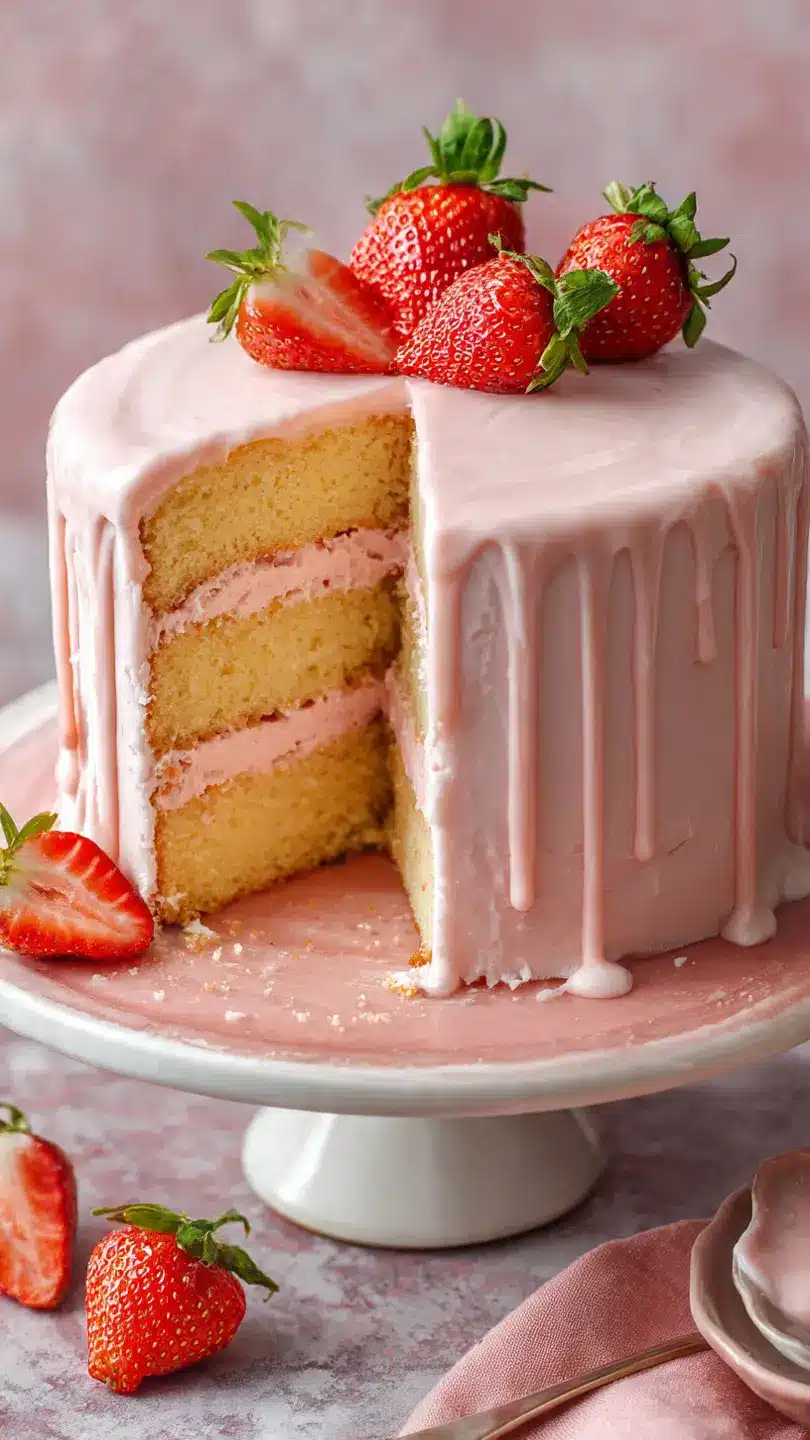 Strawberry Milk Cake – Soft Layered Cake with Cream Filling Full strawberry milk cake with soft vanilla sponge layers, pink cream filling and dripping glaze topped with fresh strawberries