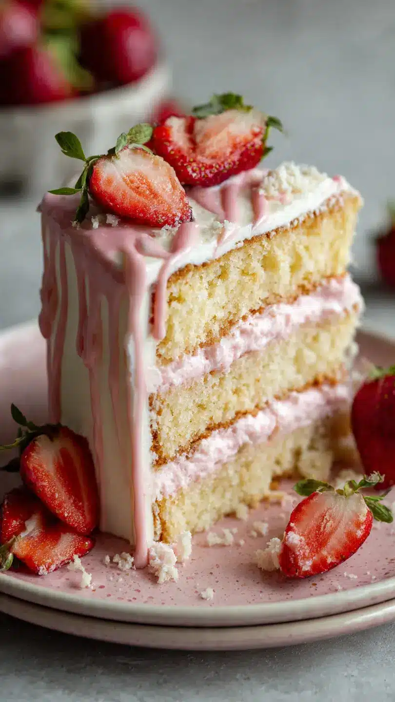 Slice of strawberry milk cake with soft sponge layers and creamy strawberry filling topped with fresh strawberries