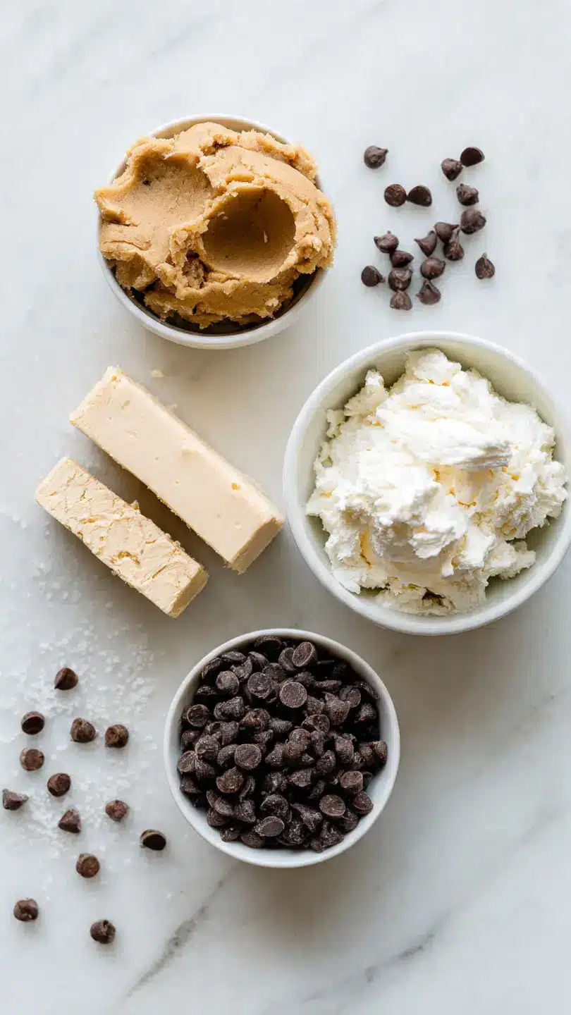 Ingredients for brookie cheesecake bombs including cream cheese chocolate chips butter and cookie dough