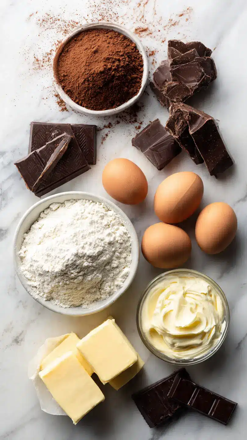 Ingredients for chocolate cake including cocoa powder eggs butter flour and dark chocolate