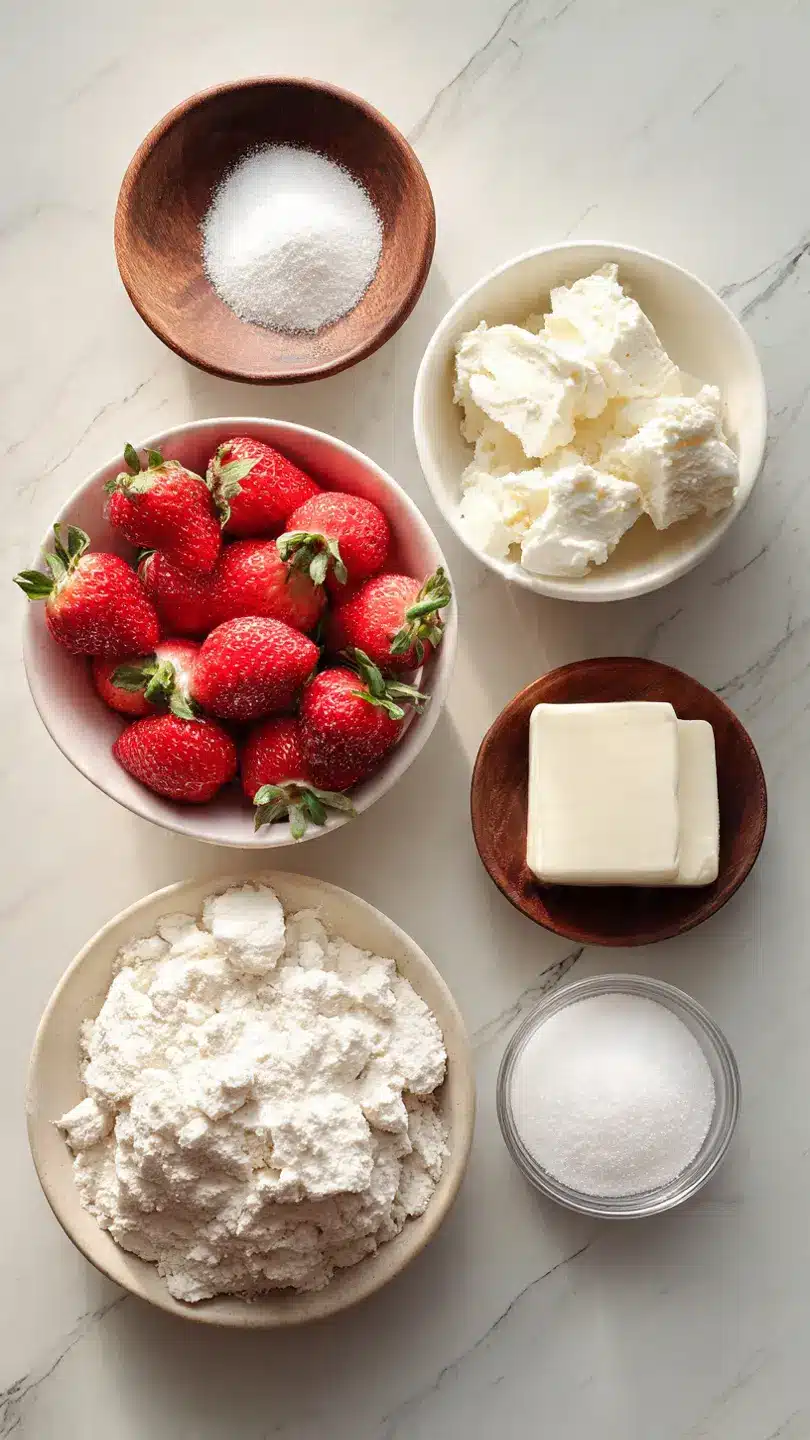 Ingredients for strawberry cheesecake pull apart bread including strawberries flour butter and cream cheese
