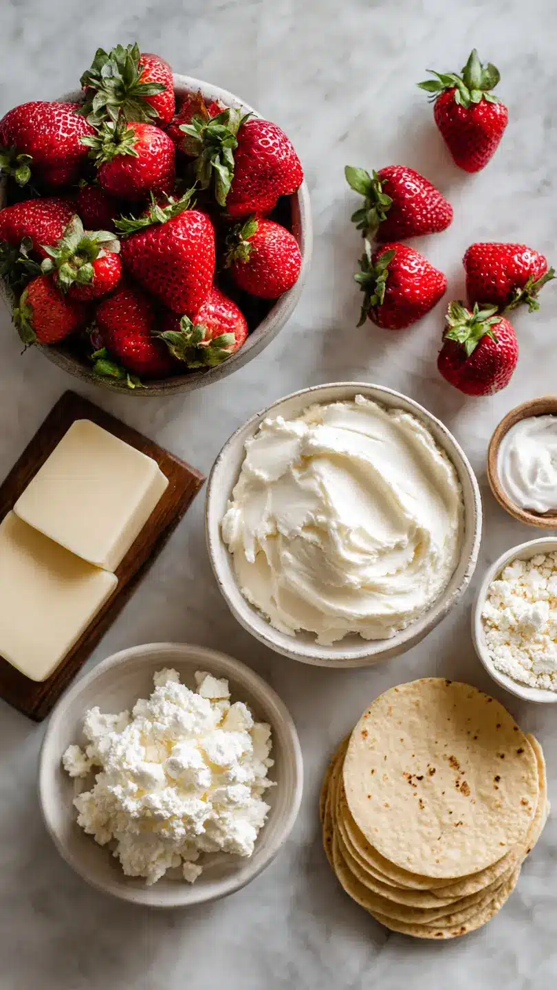 Ingredients for strawberry cheesecake tacos including cream cheese strawberries tortillas and butter