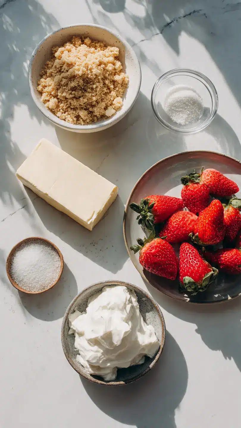 Ingredients for strawberry cheesecake bars including strawberries butter cream cheese and sugar