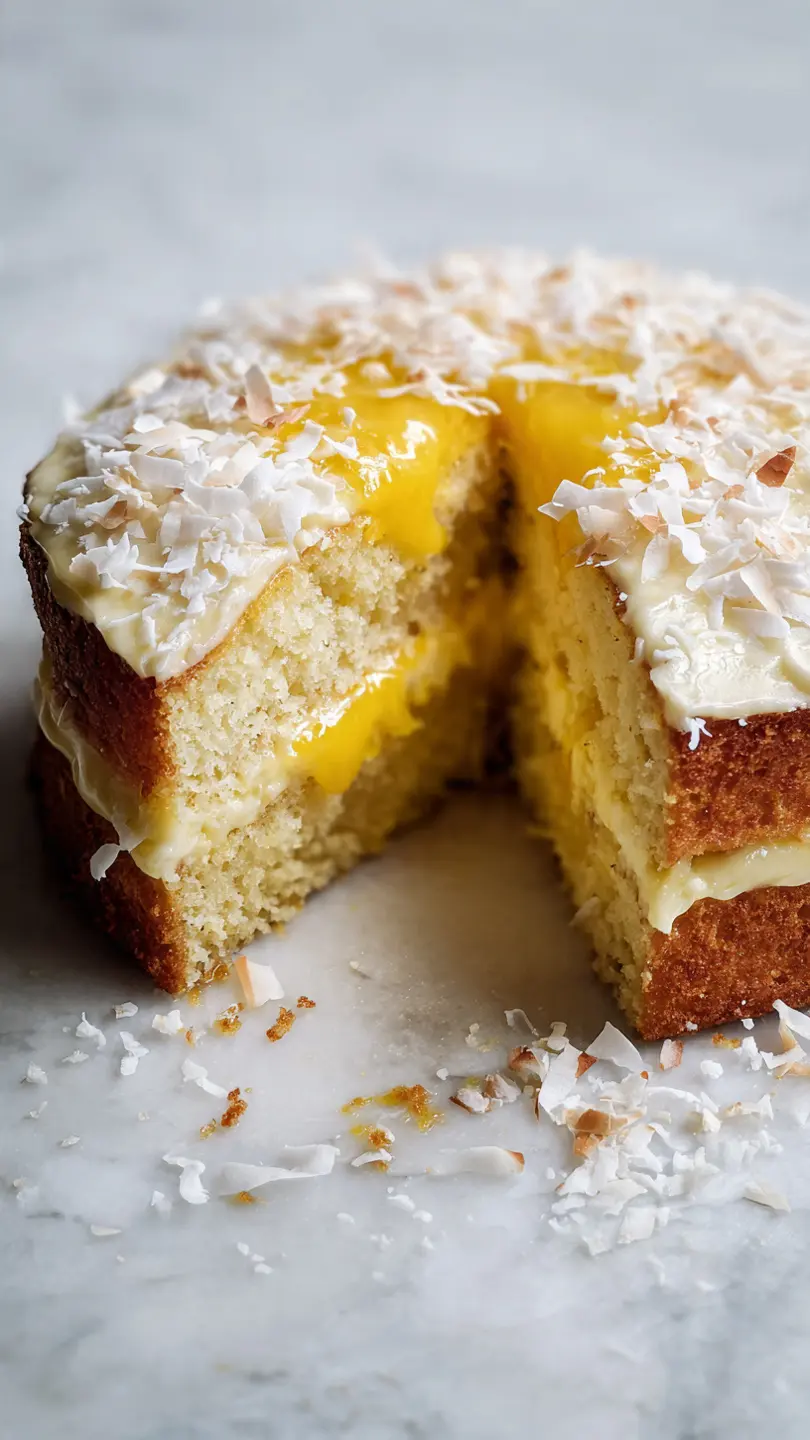 mango coconut sponge cake cut open with creamy mango filling inside, layered fluffy cake with coconut topping close-up