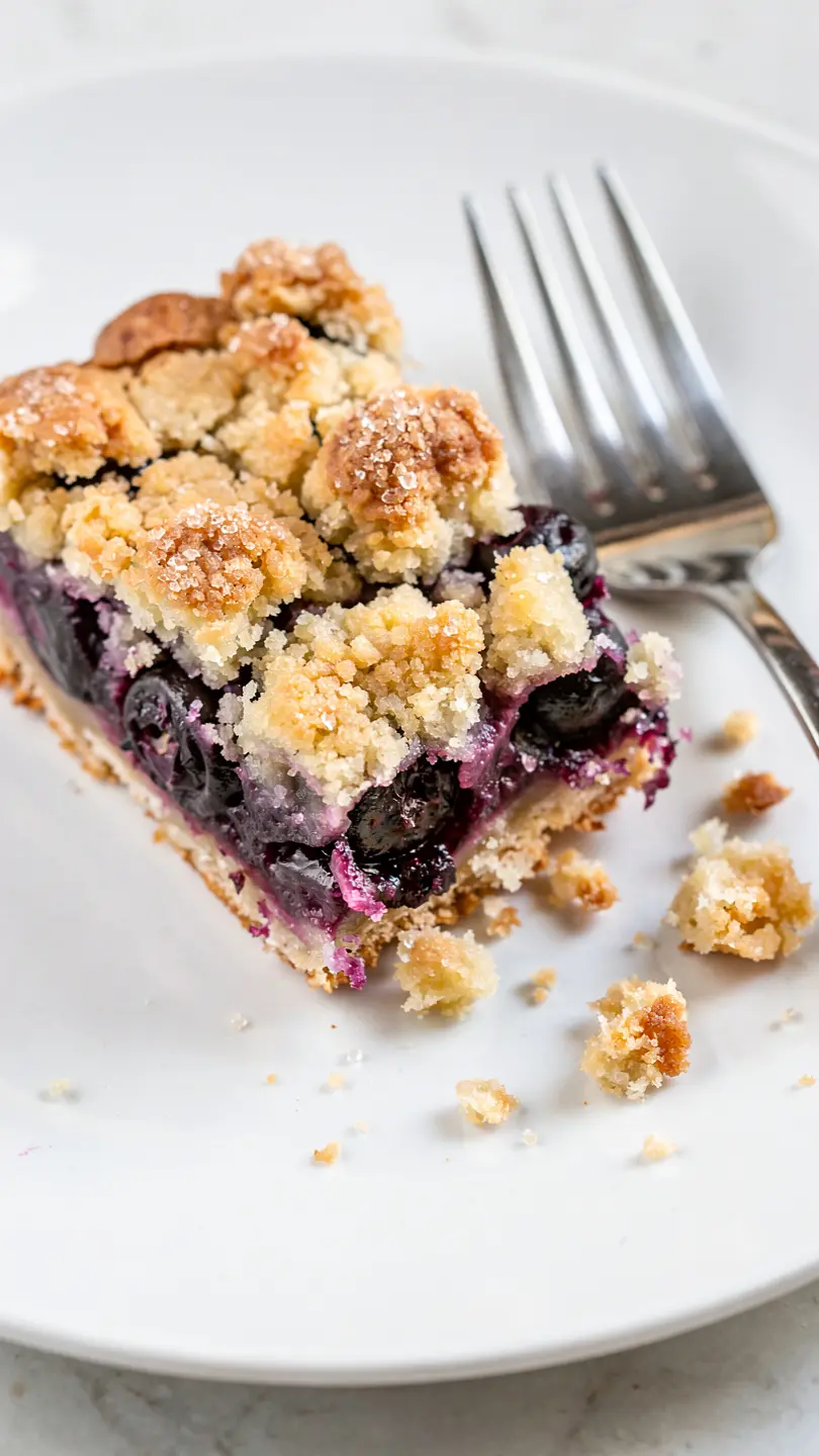 Blueberry crumble bar with buttery crust and juicy blueberry filling on white plate