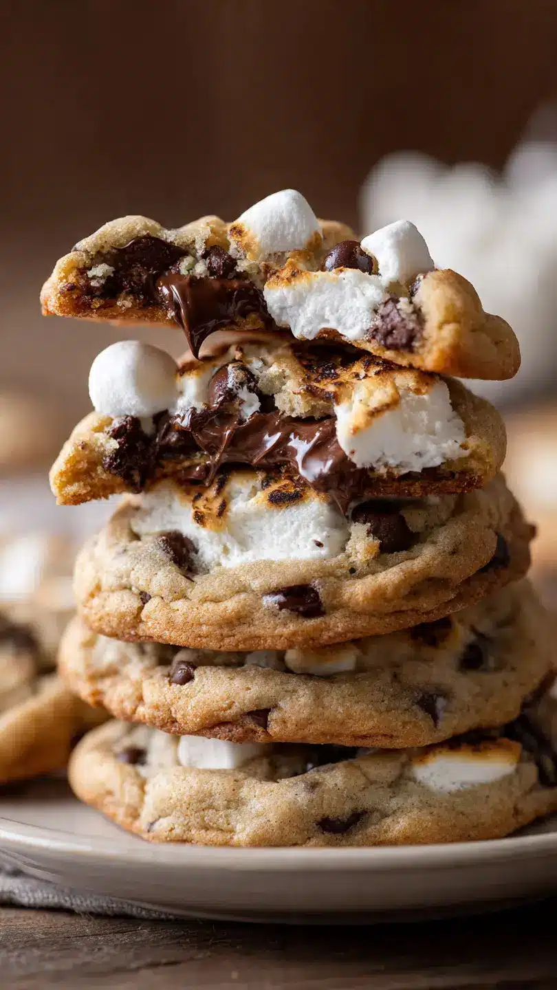 Smores stuffed chocolate chip cookies stacked with melted marshmallow and chocolate